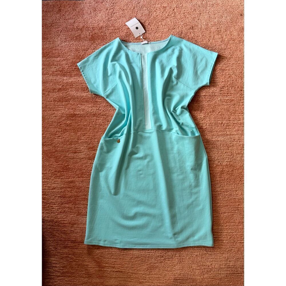 Makadamia Mint Aqua Casual Shift Midi Dress Short Sleeve Size 46 XL NWT